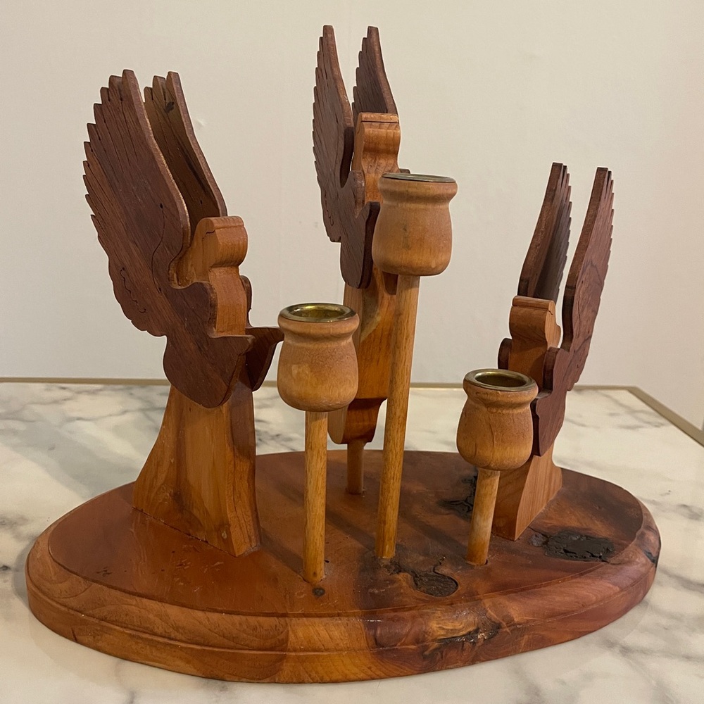Primitive Wooden Hand Made Triple Angel Taper Candle Stick Holder